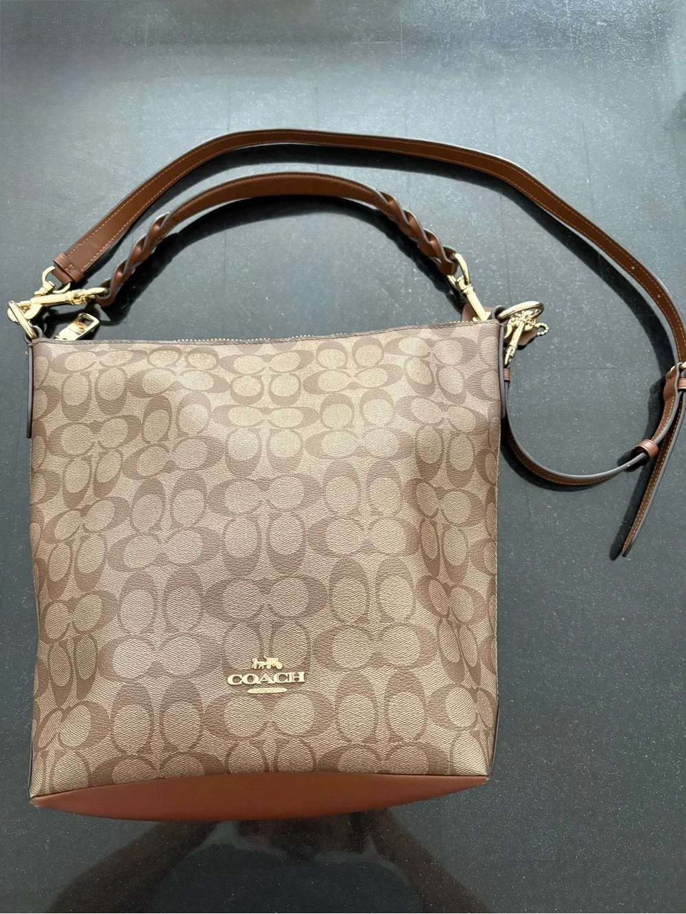 Coach Brown Signature Canvas Shoulder Bag with double Braided adjustable Strap